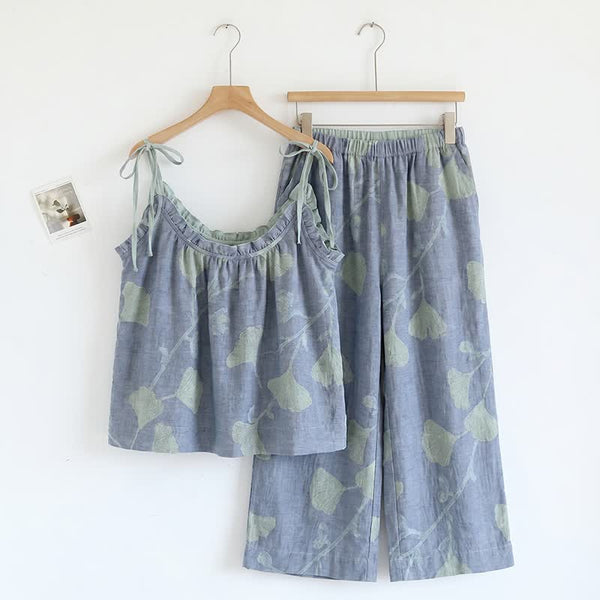 Ginkgo Leaf Cami Ruffled Pajama Set - Blue & Light Green - XL - image 0