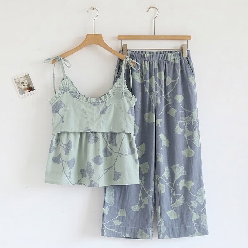 Ginkgo Leaf Cami Ruffled Pajama Set - image 1
