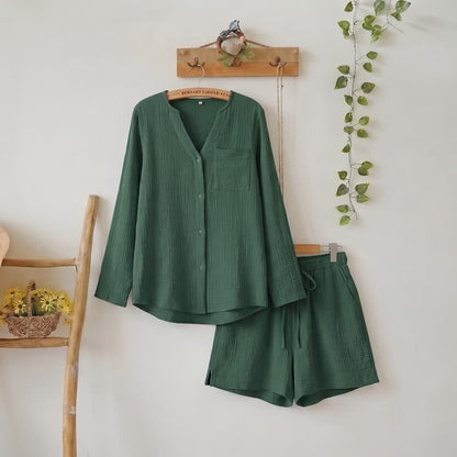 Long Sleeve Top & Shorts Pajama Set - Green - L - image 15
