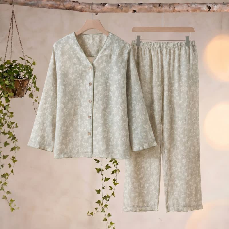 Soft Floral Cotton Button Front Pajamas - Green - XL - image 0