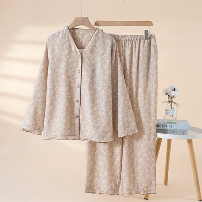 Soft Floral Cotton Button Front Pajamas - Coffee - XL - image 13