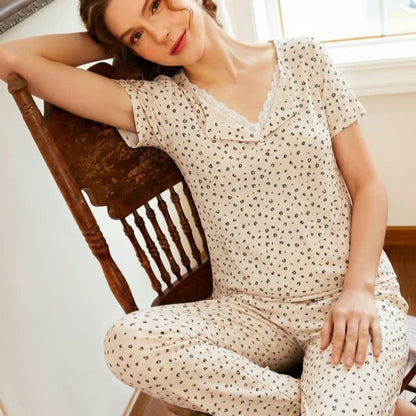 Soft Leopard Print Lace Trim Pajamas - Apricot - XL - image 4