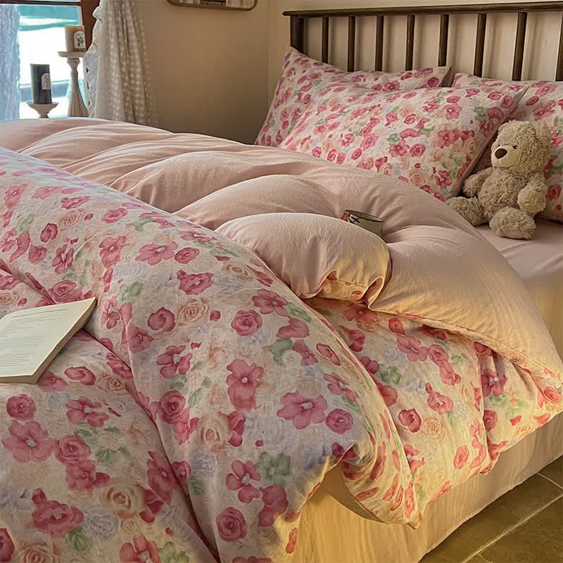 Cottagecore Pink Floral Cotton Gauze Bedding(4PCS) - Fitted Sheet Style - Queen - image 0