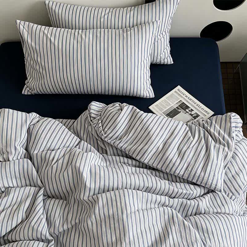 Washed Cotton French Blue Stripe Bedding Set - Blue - King - Fitted Sheet - image 0