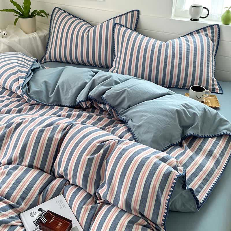 Vintage Striped Scalloped Trim Bedding Set - Grey & Blue - King - Fitted Sheet - image 0