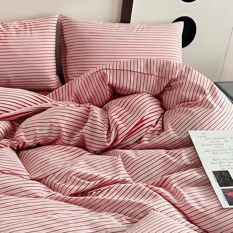 Washed Cotton French Blue Stripe Bedding Set - Red - King - Fitted Sheet - image 3