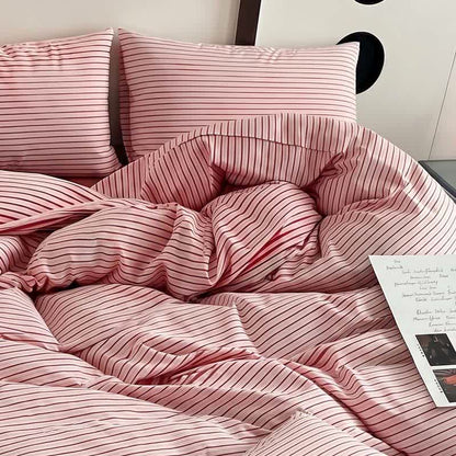 Washed Cotton French Blue Stripe Bedding Set - Red - King - Fitted Sheet - image 3