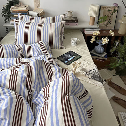 Retro Blue Brown Striped Cotton Bedding Set - image 1