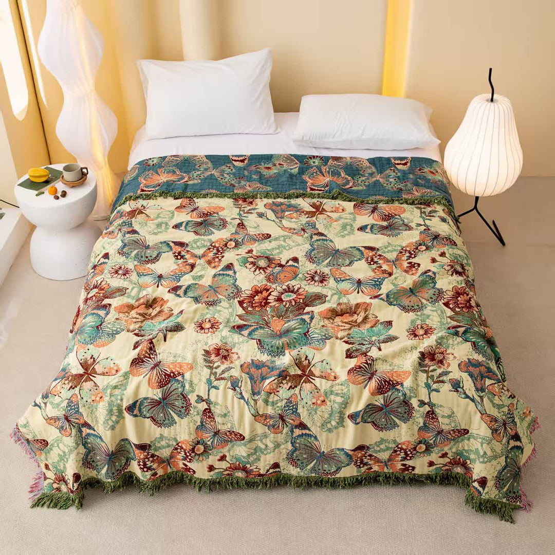 Enchanted Butterfly & Floral Muslin Bedspread Quilt - Queen - image 0