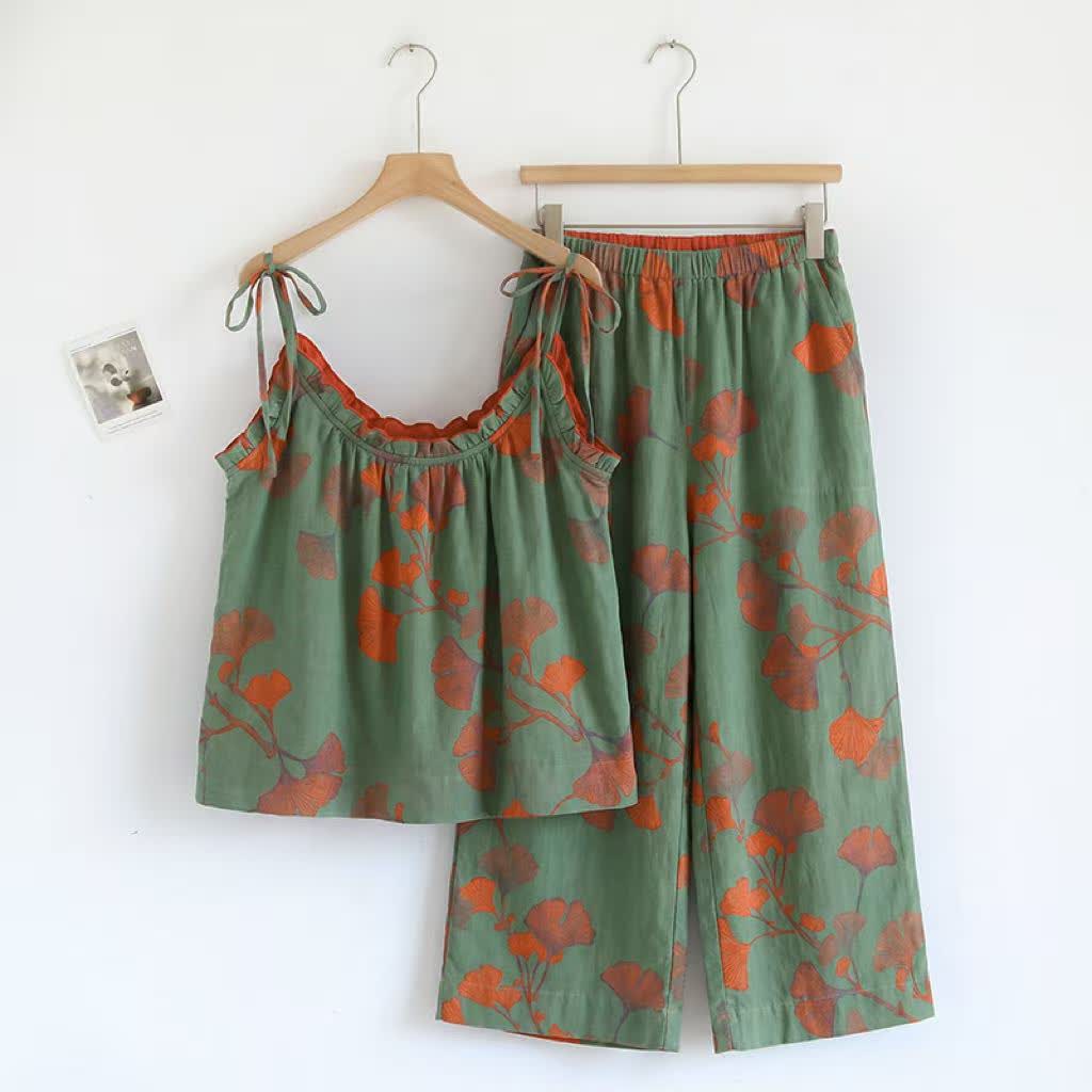 Ginkgo Leaf Cami Ruffled Pajama Set - Green & Orange - XL - image 6
