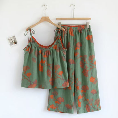 Ginkgo Leaf Cami Ruffled Pajama Set - Green & Orange - XL - image 6