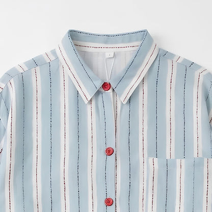Red Accent Blue Stripe Double Gauze Pajamas - image 4