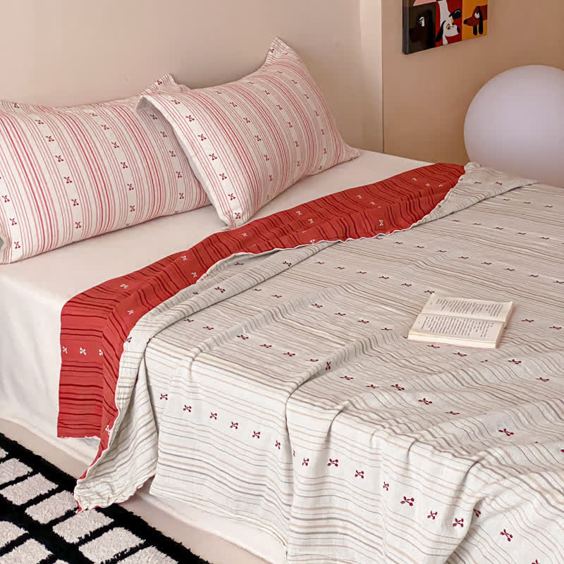 Cherry Stripe Red Trim Washed Cotton Bedding Set - image 1