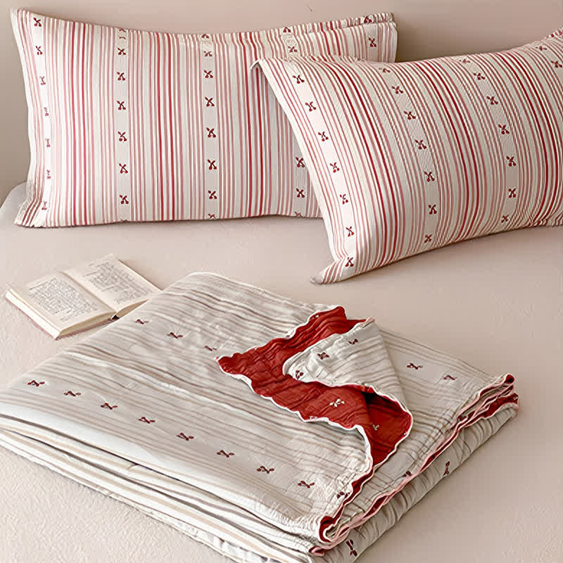 Cherry Stripe Red Trim Washed Cotton Bedding Set - image 3