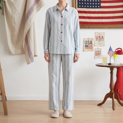 Red Accent Blue Stripe Double Gauze Pajamas - image 1