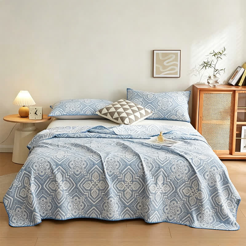 Mediterranean Tile Cotton Muslin Blanket Quilt - Blue - 2PCS Pillowcases - 19" x 29" - image 0