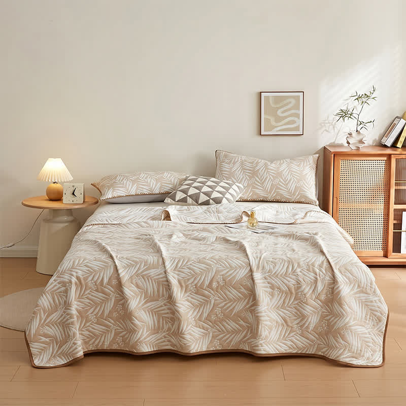 Botanical Palm Leaf Cotton Muslin Blanket Quilt - Coffee - 2PCS Pillowcases - 19" x 29" - image 0