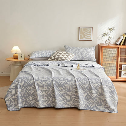Botanical Palm Leaf Cotton Muslin Blanket Quilt - Blue - 2PCS Pillowcases - 19" x 29" - image 10