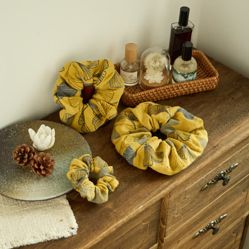 Ginkgo Print Scrunchies Set of 3 - Yellow - 3 Pack Scrunchies - S+M+L - image 0