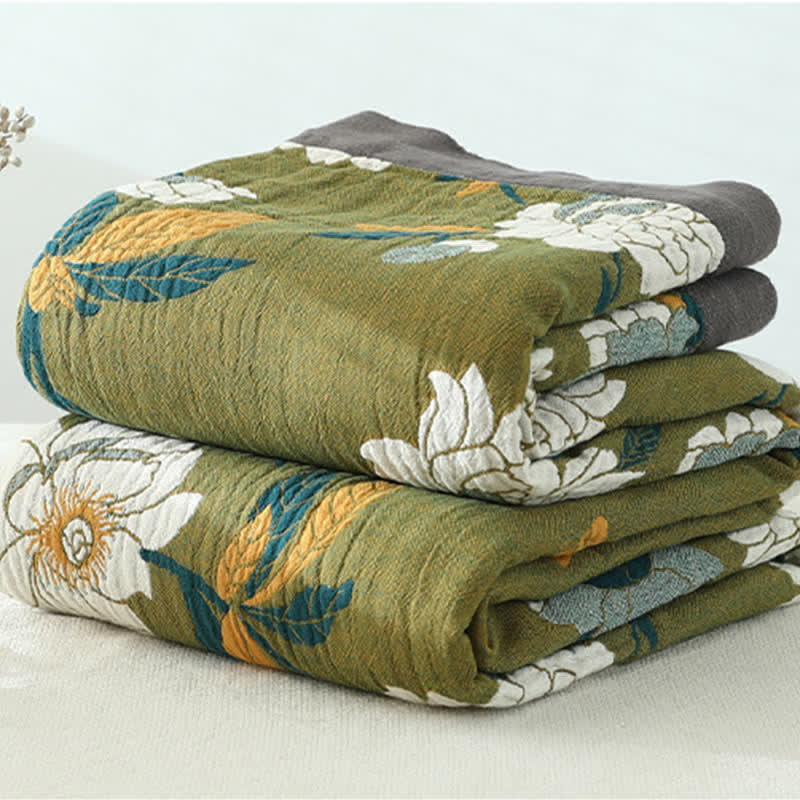 Olive Flower Printed Cotton Quilt - As Picture - King - image 0