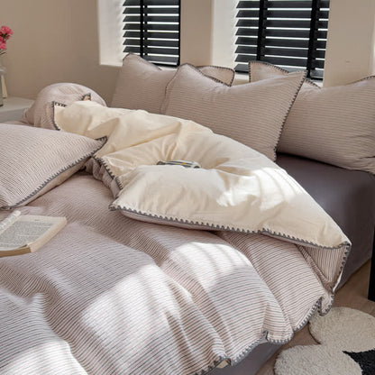 Stripe Scalloped Edge Washed Cotton Bedding Set - Grey - King - Fitted Sheet - image 4