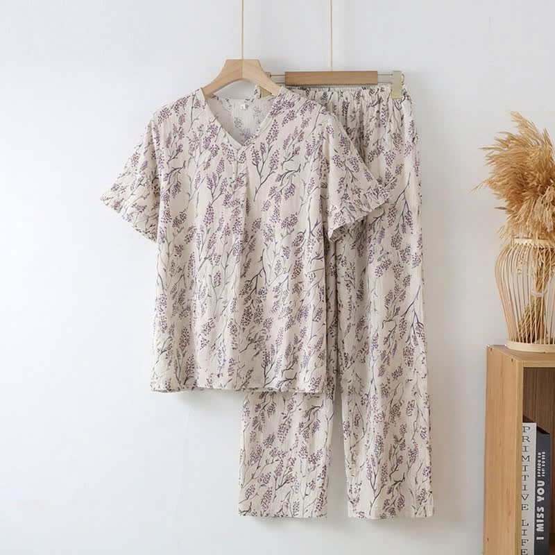 Botanical Floral Cotton Loungewear Set - Beige - 3XL - image 0