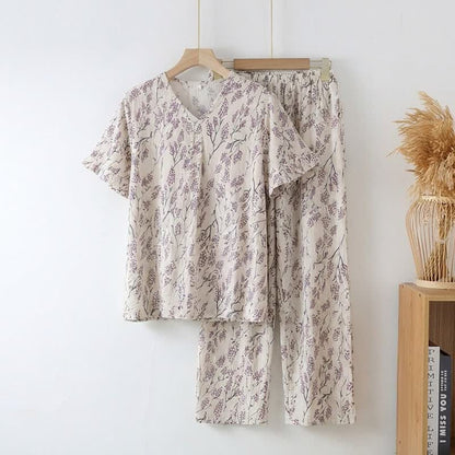 Botanical Floral Cotton Loungewear Set - Beige - 3XL - image 0