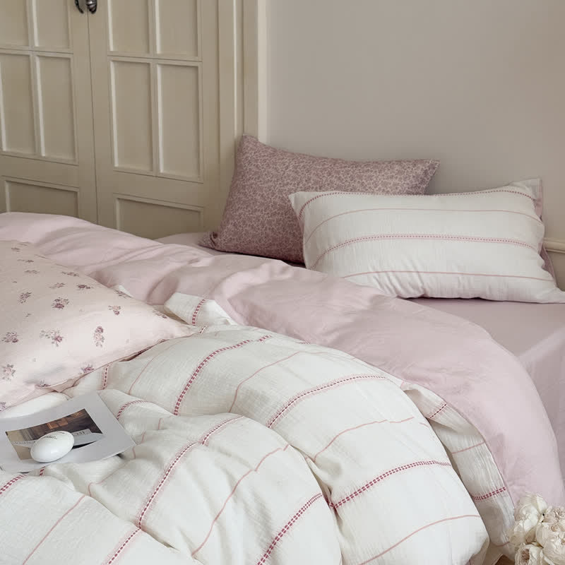 Pink Blossom Washed Cotton Four Piece Bedding Set - Pink - Flat Sheet - King - image 0