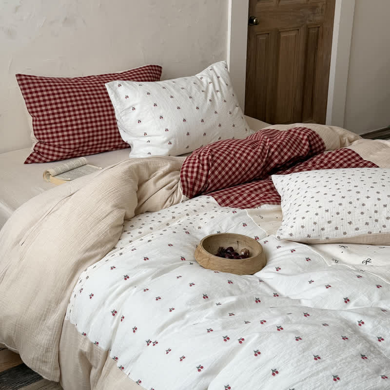 Cherry Gingham Washed Cotton Soft Cozy Bedding Set - image 1