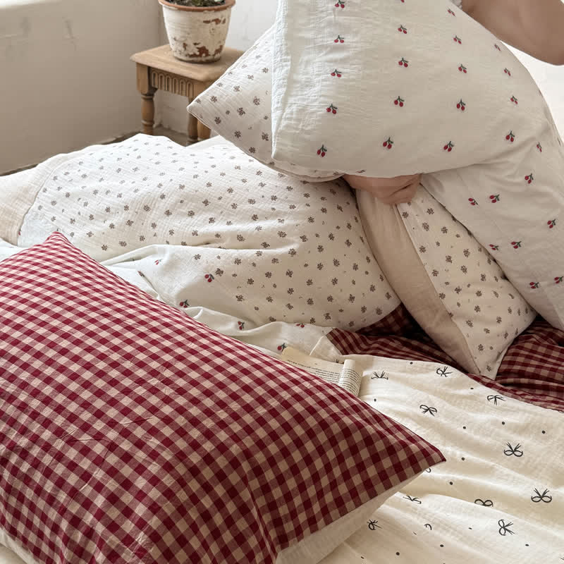 Cherry Gingham Washed Cotton Soft Cozy Bedding Set - image 5