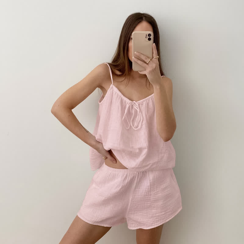White Cotton Gauze Bow Lounge Set - Pink - L  - image 5