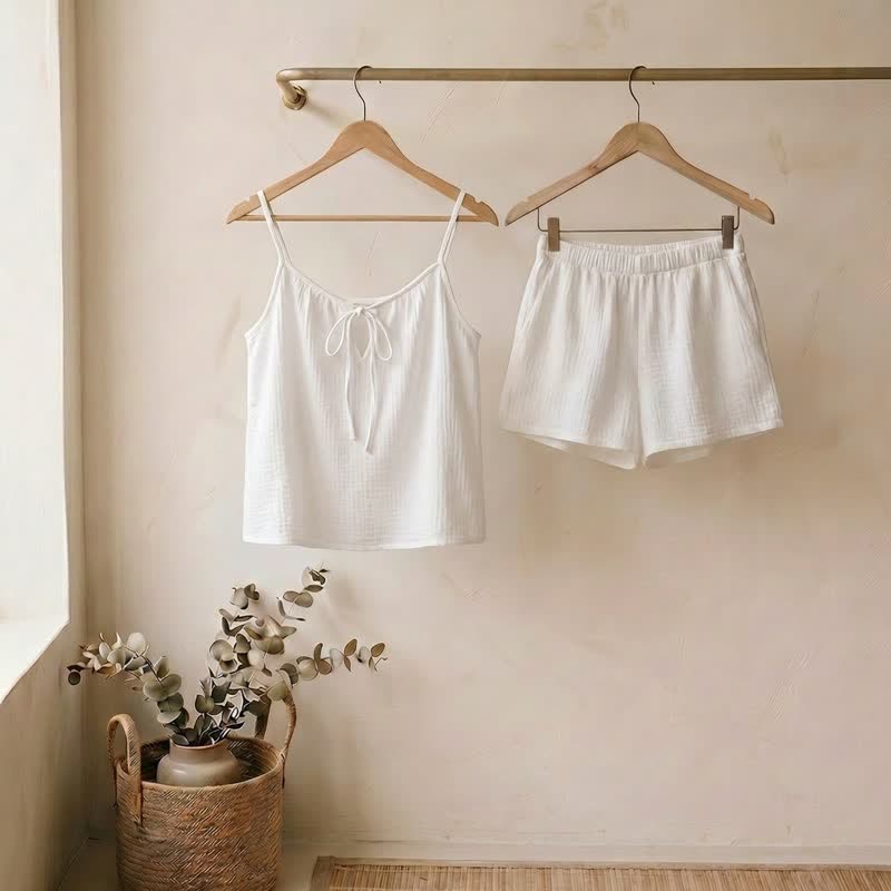 White Cotton Gauze Bow Lounge Set - White - L  - image 1