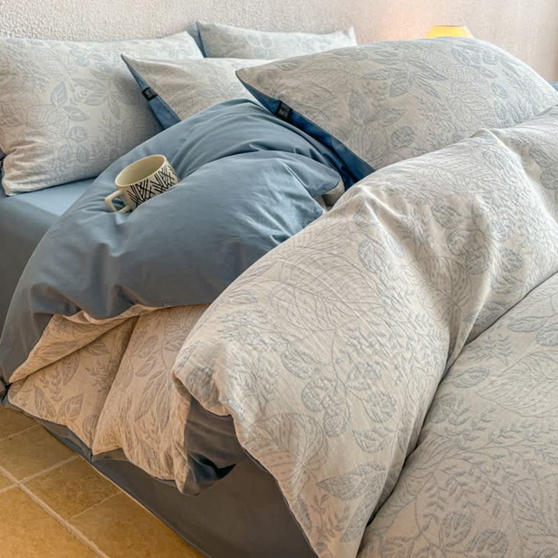 Botanical Whisper Washed Cotton Jacquard Bedding Set - Blue - King - Flat Sheet - image 3