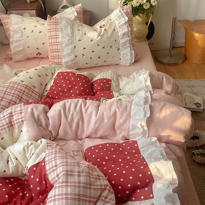 Sweet Cherry Ruffle Cotton Gauze Bedding Set - Red - King - Flat Sheet - image 0