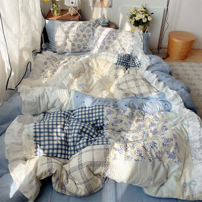 Mist Blue Floral Patchwork Cotton Gauze Ruffle Bedding Set - image 1
