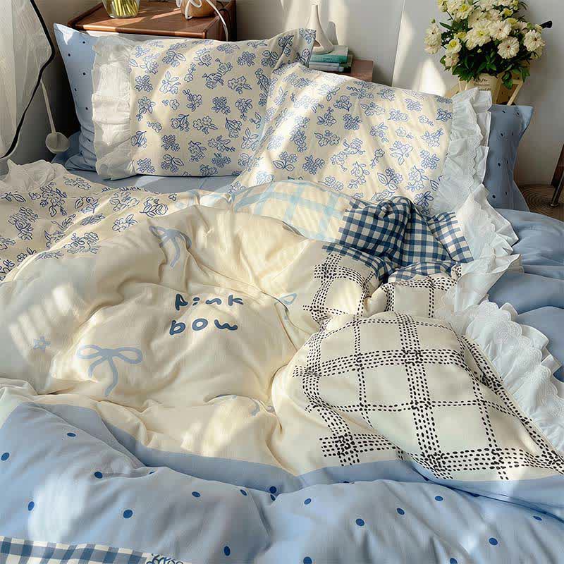 Mist Blue Floral Patchwork Cotton Gauze Ruffle Bedding Set - Blue - King - Flat Sheet - image 0