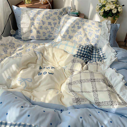 Mist Blue Floral Patchwork Cotton Gauze Ruffle Bedding Set - Blue - King - Flat Sheet - image 0