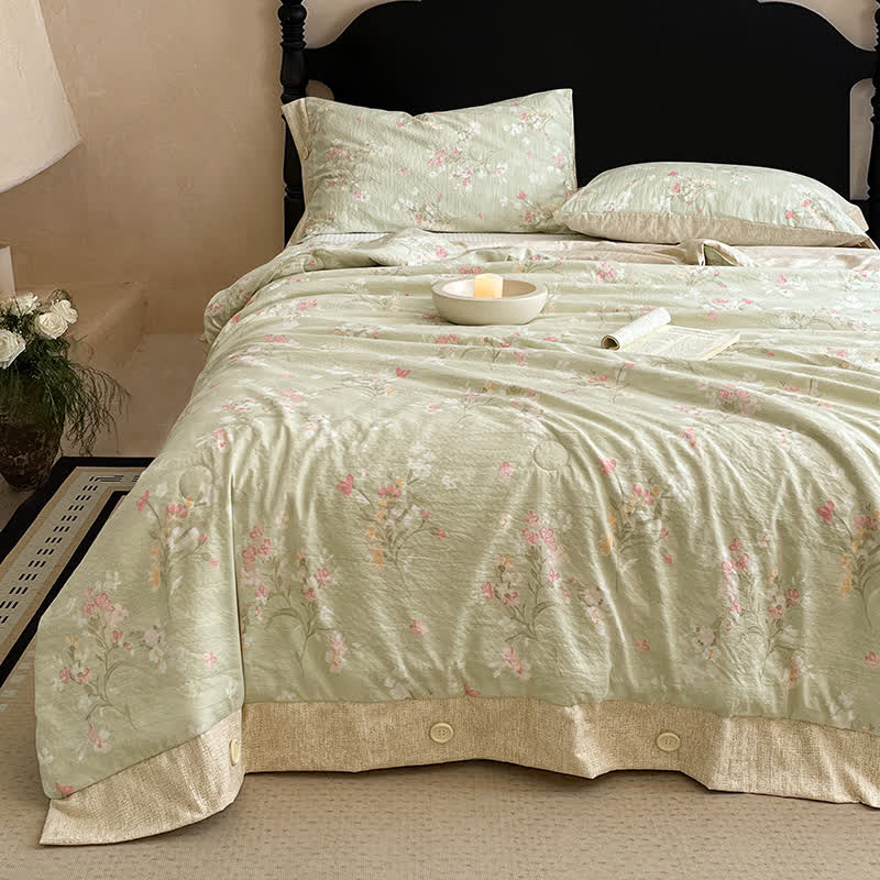 Floral Cotton Linen Quilt with Button Trim - image 2