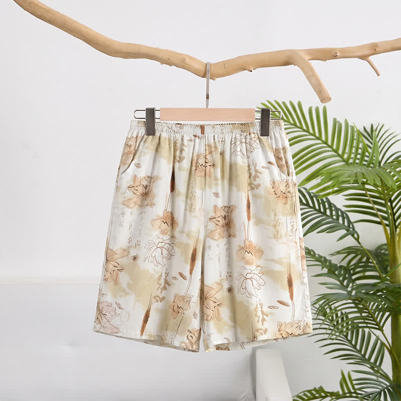 Soft Floral Cotton Lounge Shorts - Beige - 6XL - image 0