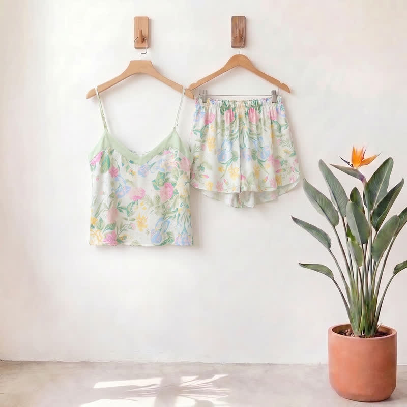 Mint Blossom Satin Cami and Shorts Loungewear Set - Honeydew - XL - image 0