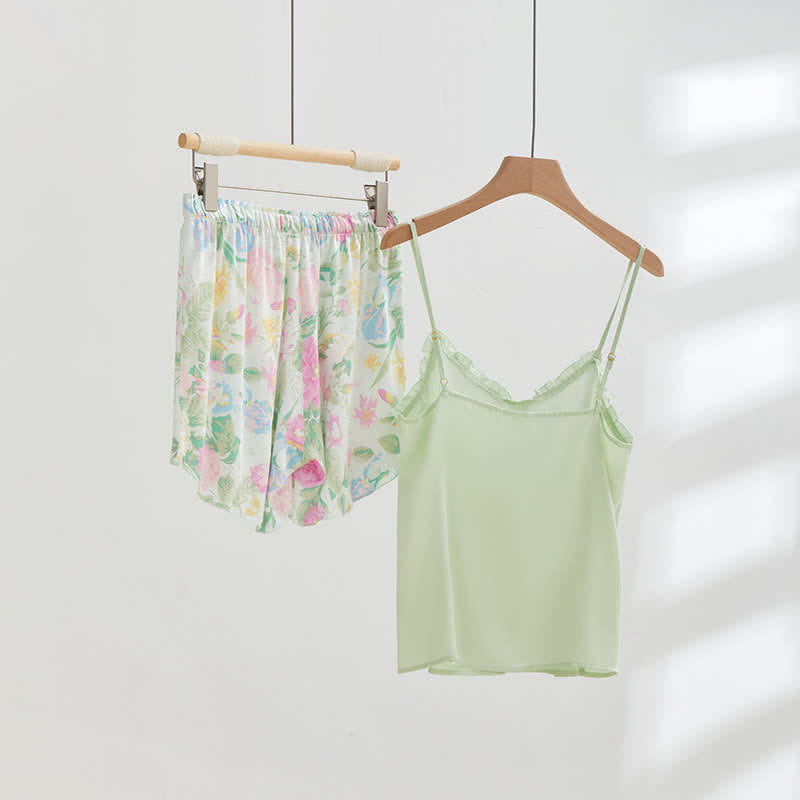 Mint Satin Ruffle Cami and Floral Shorts Loungewear Set - image 2