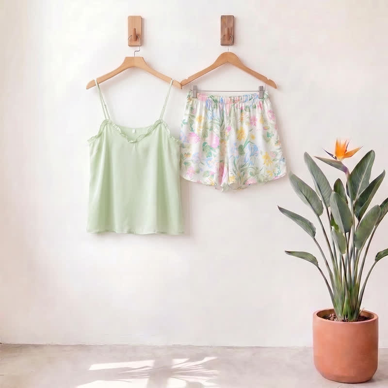 Mint Satin Ruffle Cami and Floral Shorts Loungewear Set - Honeydew - XL - image 0