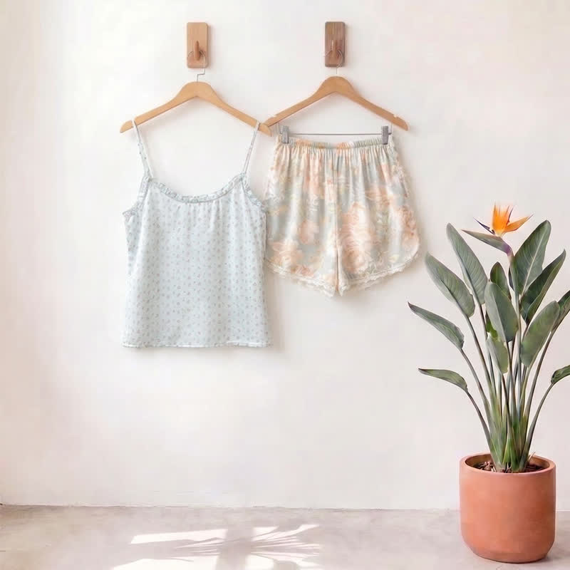 Mint Floral Satin Cami and Shorts Loungewear Set - MintCream - L - image 0
