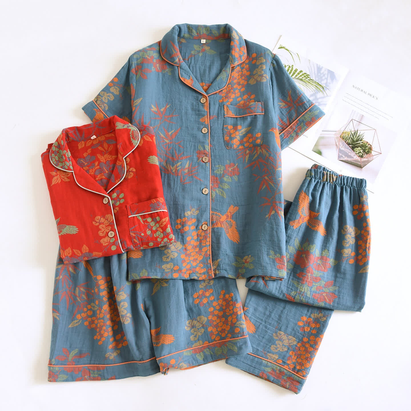Vintage Bird Floral Cotton Loungewear Set - image 1