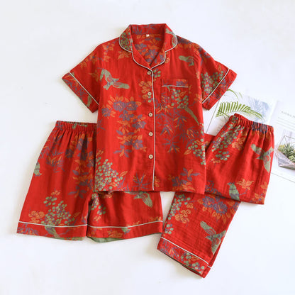Vintage Bird Floral Cotton Loungewear Set - Red - XL - image 4