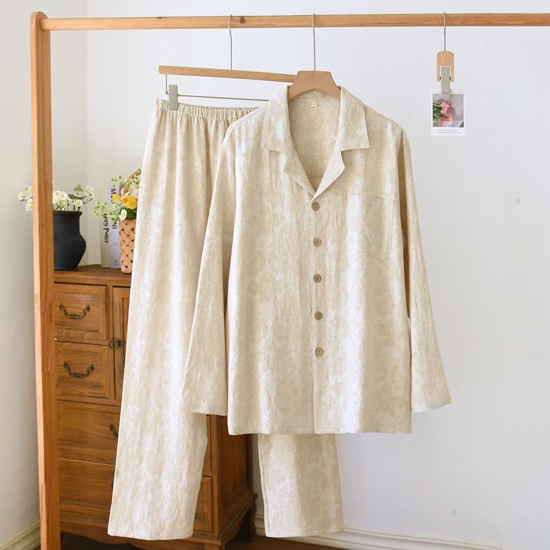 Minimalist-style Couple Button Front Loungewear Set - Beige - Men 2XL - image 2
