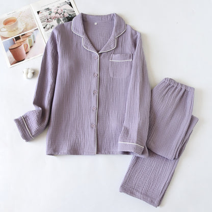 Cotton Gauze Contrast Trim Loungewear Set - Purple - XL - image 3