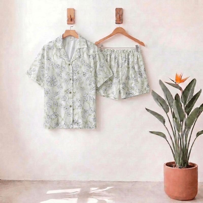 Mint Floral Satin Button Up Shorts Loungewear Set - Honeydew - L - image 0