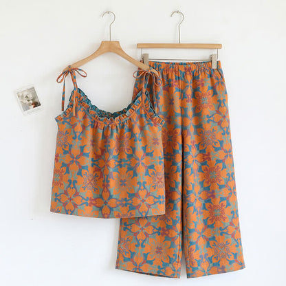 Boho Floral Tie Strap Pajama Set - Orange & Blue - XL - image 0