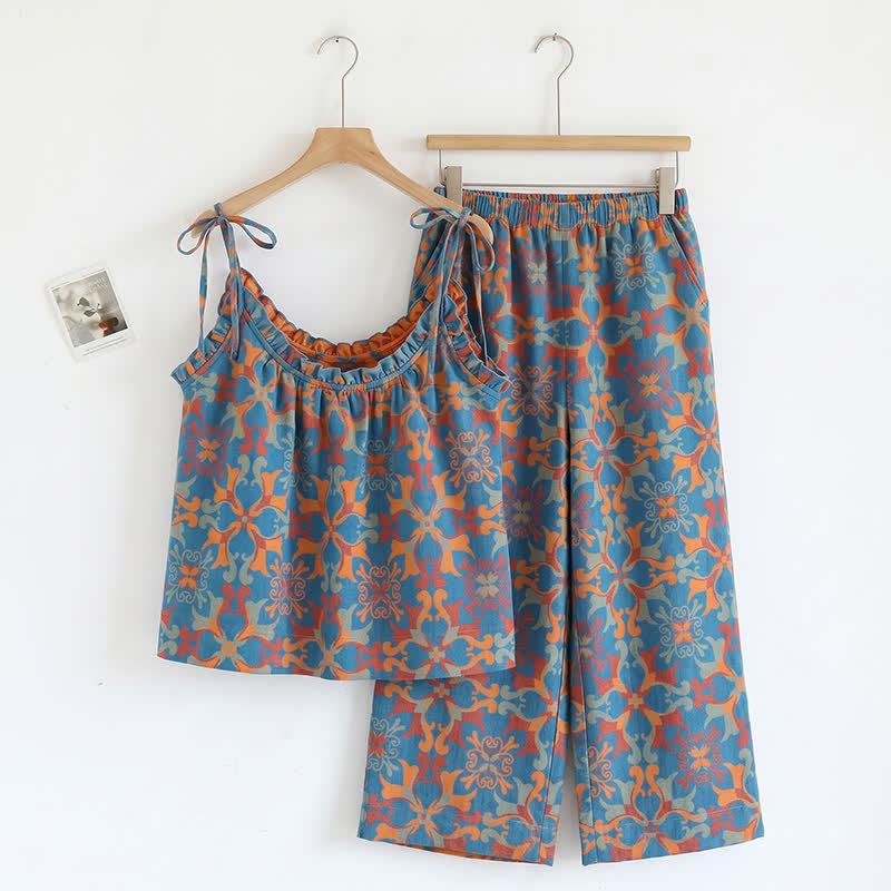 Boho Floral Tie Strap Pajama Set - Blue & Orange - XL - image 4